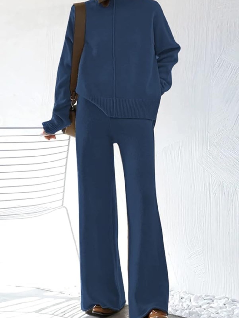 Blue Sweater Lounge Travel Set Turtleneck Wide Leg Pants Small